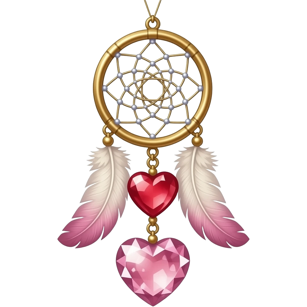 Reddish-pinkish and golden warm-colored romantic lush beautiful pretty hanging crystal-catcher aesthetic with hearts and sparkles and feathers emoji