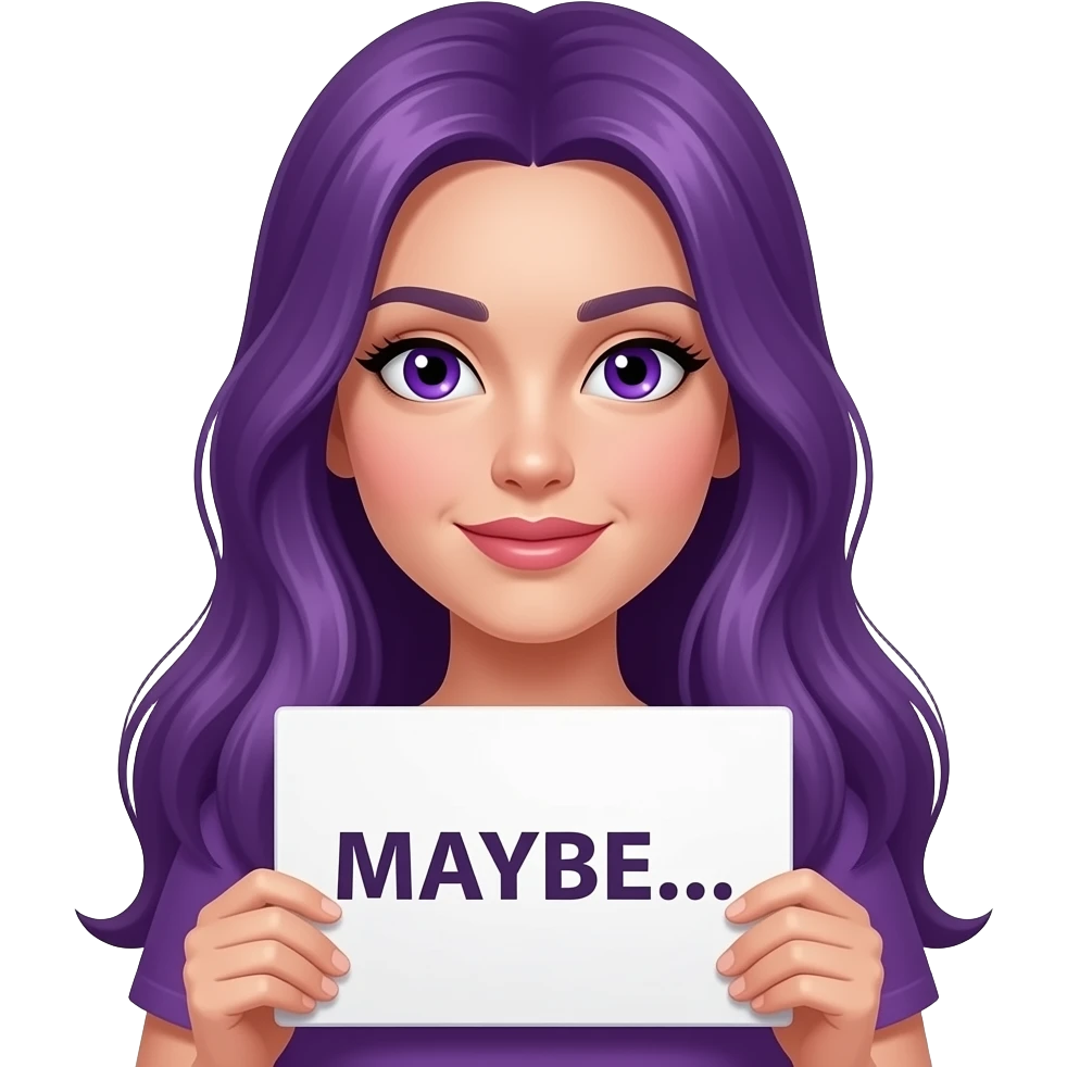sexy girl with long purple hair and purple eyes holding a MAYBE... sign emoji