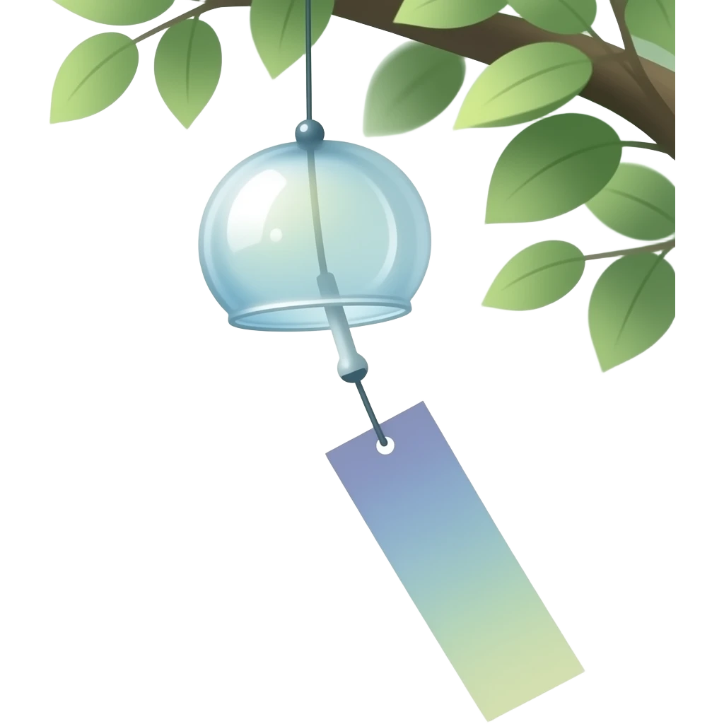 "A delicate Japanese furin wind chime hanging outdoors, with one rectangular paper strip attached below. The paper is a different color each time (random color), gently moving with the wind. Minimalist, soft lighting, calm atmosphere." emoji