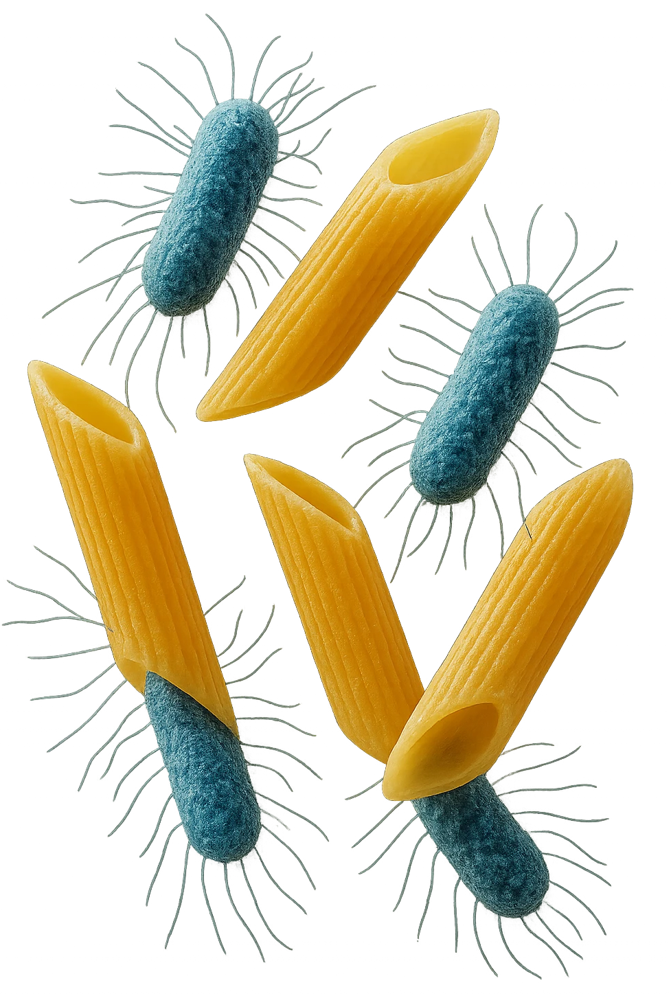 SEI BATTERI intestinALI FLUTTUANO IN ARIA CON PENNE DI PASTA RIGATE, IPERREALISTICO 4K emoji