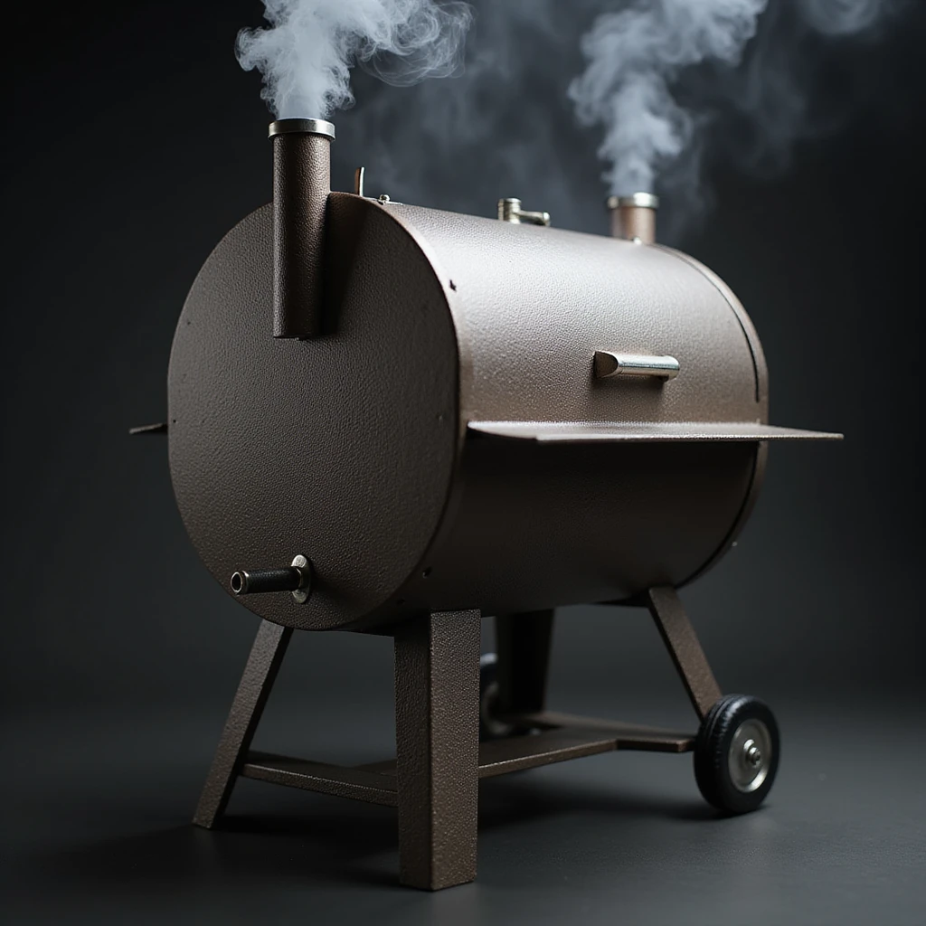 realistic bbq smoker with metallic texture, smoke coming out, no background emoji