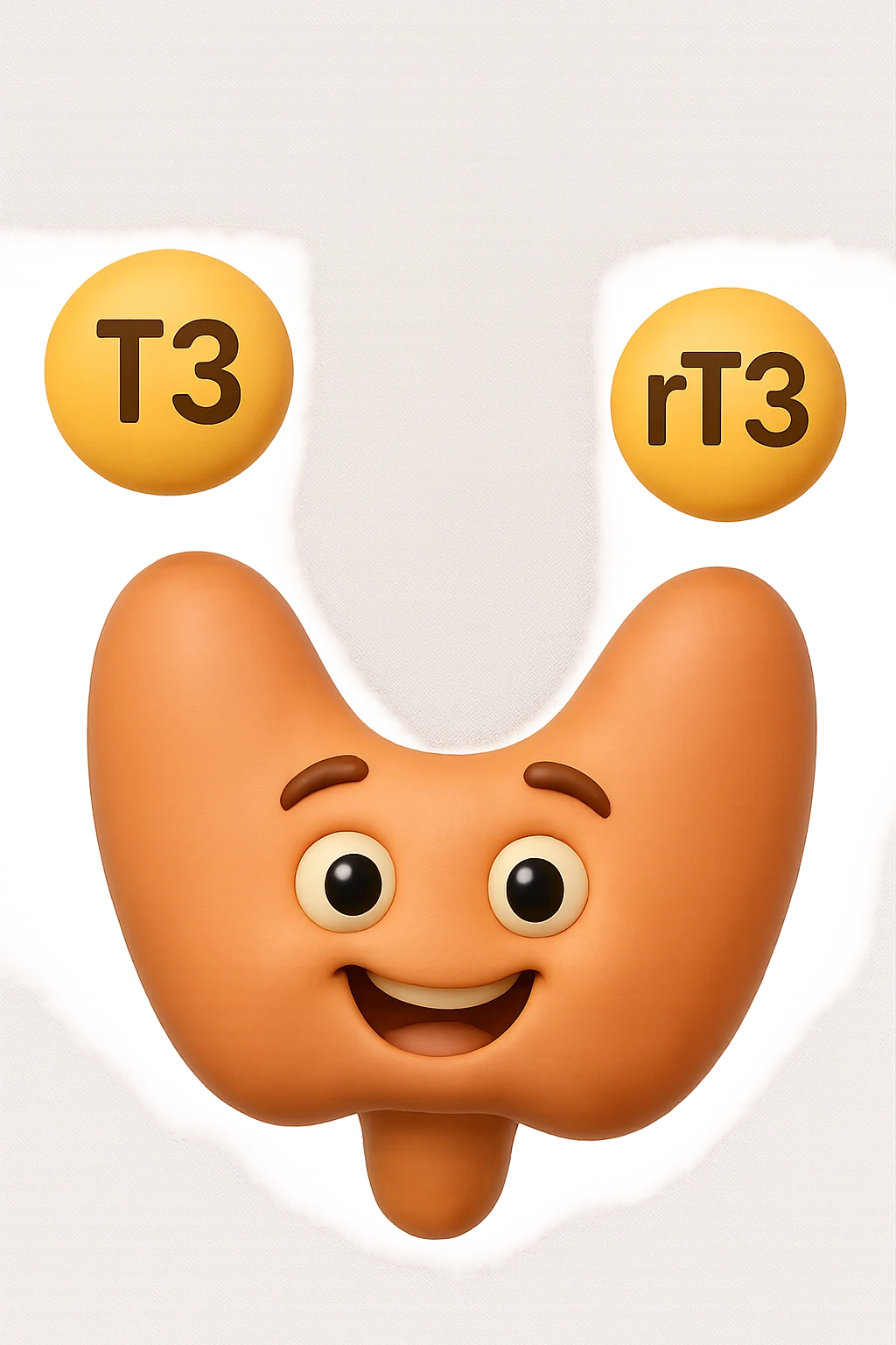 EMOJI STILE IPHONE 3D DI ormoni tiroidei (T3 ed rT3) che fluttuano in aria intorno ad una tiroide felice, iperrealistico 4k emoji
