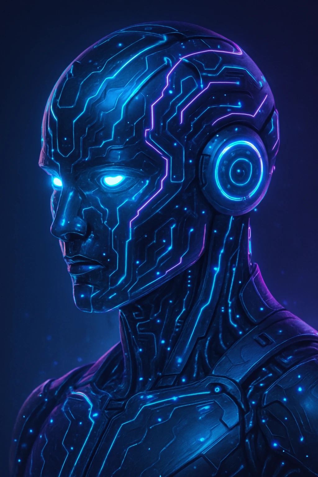 artificial intelligence, futuristic robot head, glowing circuits, digital style emoji