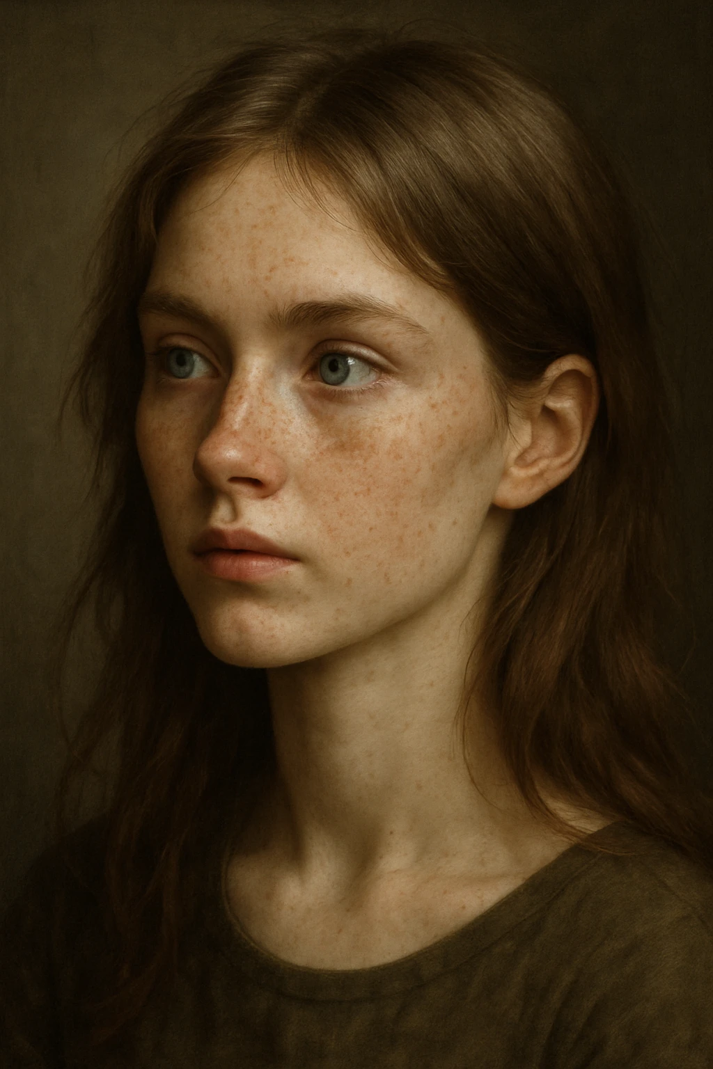 girl with dusty brown hair, sharp blue eyes, pale skin with freckles, looking to the side emoji
