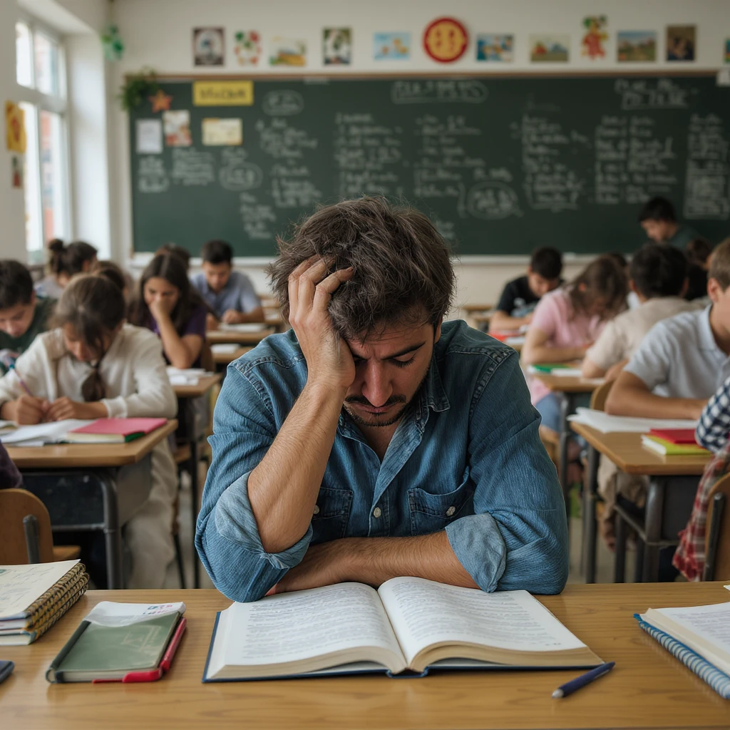 photograph of exhausted teacher in a bustling classroom emoji