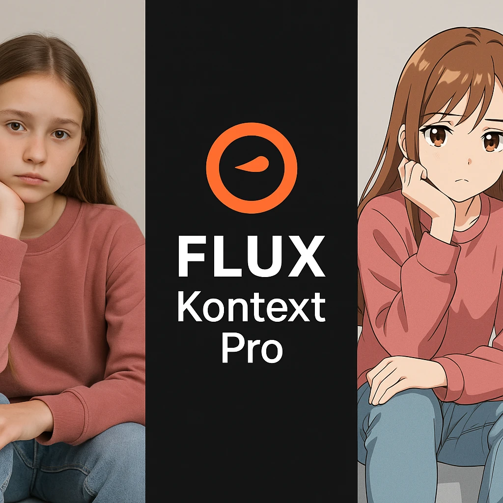 create before after image of a girl before is realsitic photo, after is anime version of her in same pose and clothes, add logo with text of a "FLUX Kontext Pro" in middle in big, black background emoji