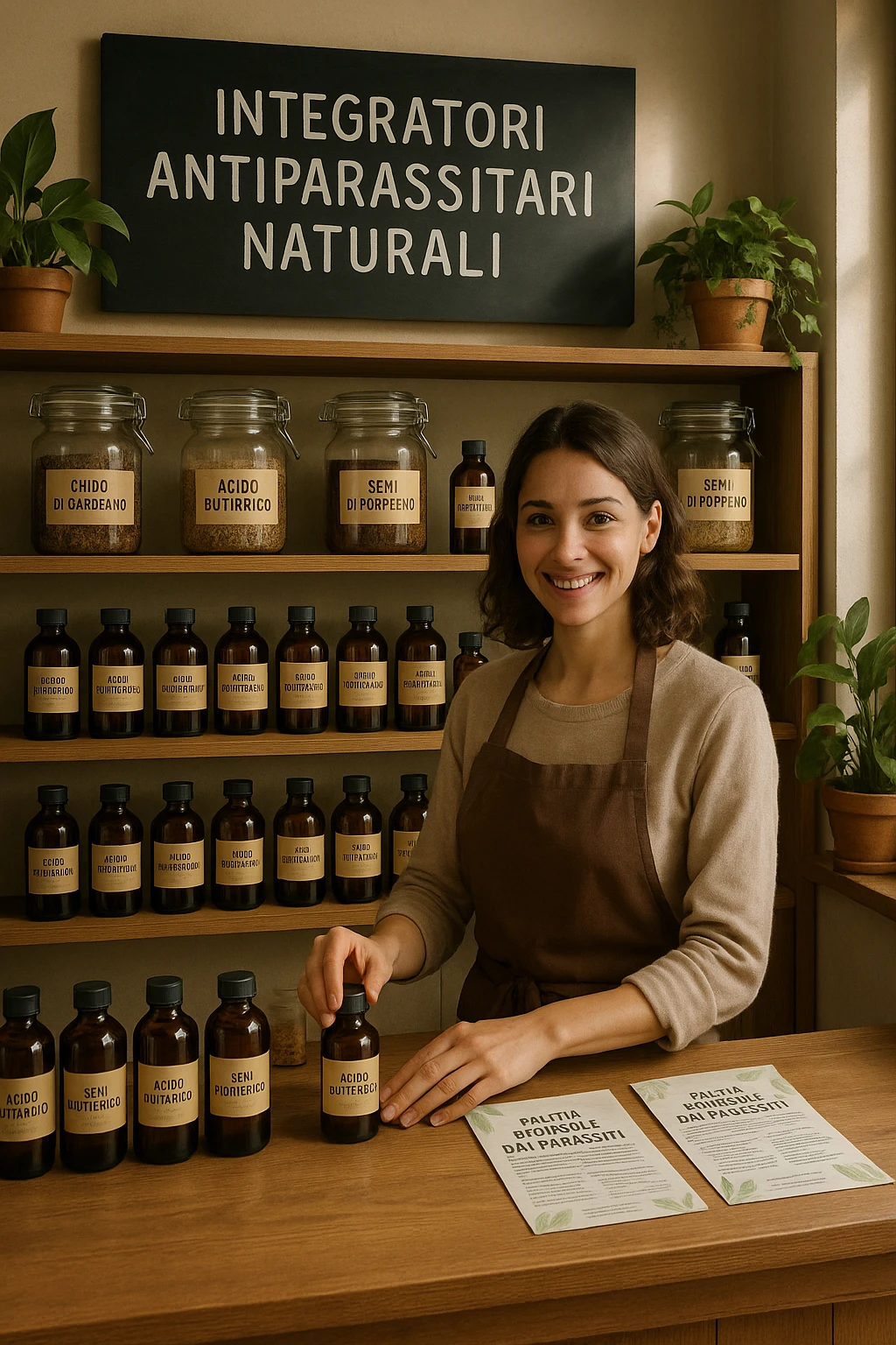 A realistic, well-lit herbal supplement store interior with wooden shelves neatly displaying glass jars and bottles labeled as ‘Chiodi di Garofano’, ‘Acido Butirrico’, and ‘Semi di Pompelmo’, organized in a clean and aesthetic manner. Small handwritten chalkboard signs indicate ‘Natural Antiparasitic Supplements’ above the section. The environment feels warm and trustworthy, with potted green plants adding freshness and a subtle sunlight entering through a window. A young shop assistant with a welcoming smile arranges the products, while informational leaflets about natural parasite cleansing are visible on a wooden counter, creating a holistic and health-conscious atmosphere in Italiano emoji