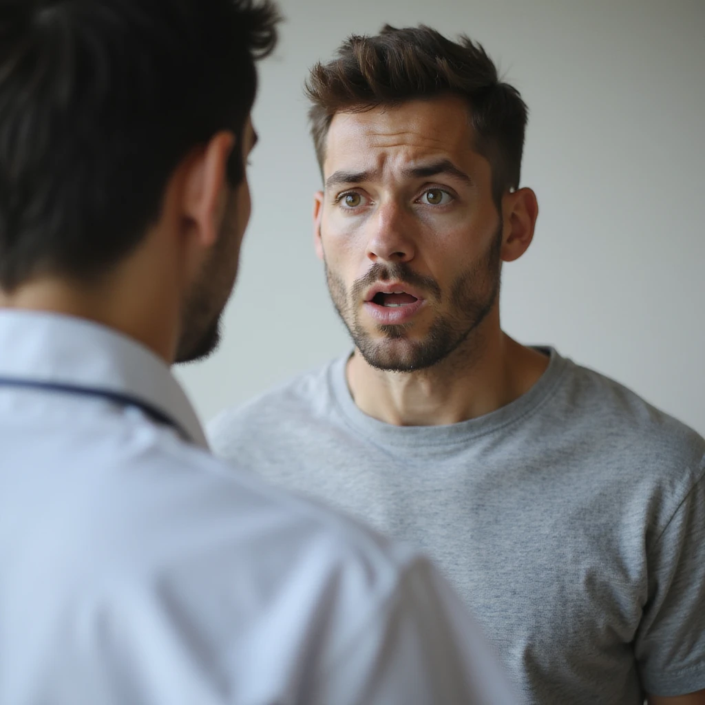 realistic 28-year-old man receiving celiac disease diagnosis from doctor, incredulous or shocked expression, clinical environment emoji