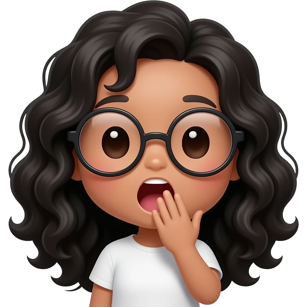 Kawaii style round very light brown glossy with oversized glasses and long curly black hair, yawning with hand in front of mouth emoji