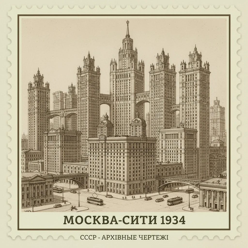 Ампир-Небоскребы Москва-Сити, в СССР 1934 год. Очень плотная застройка. Архивные чертежи

Стилизуй изображение под марку как на фото emoji