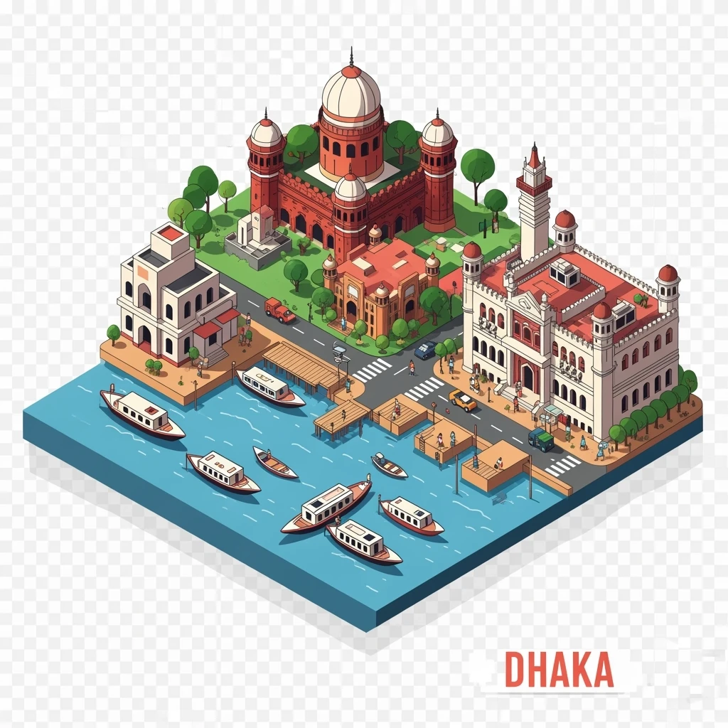 Isometric minimalistic illustration of Dhaka – Lalbagh Fort, Ahsan Manzil, bustling river boats, colorful streets, subtle 3D miniature effect and Tilt Shift effect, no cartoonish look, transparent background. emoji