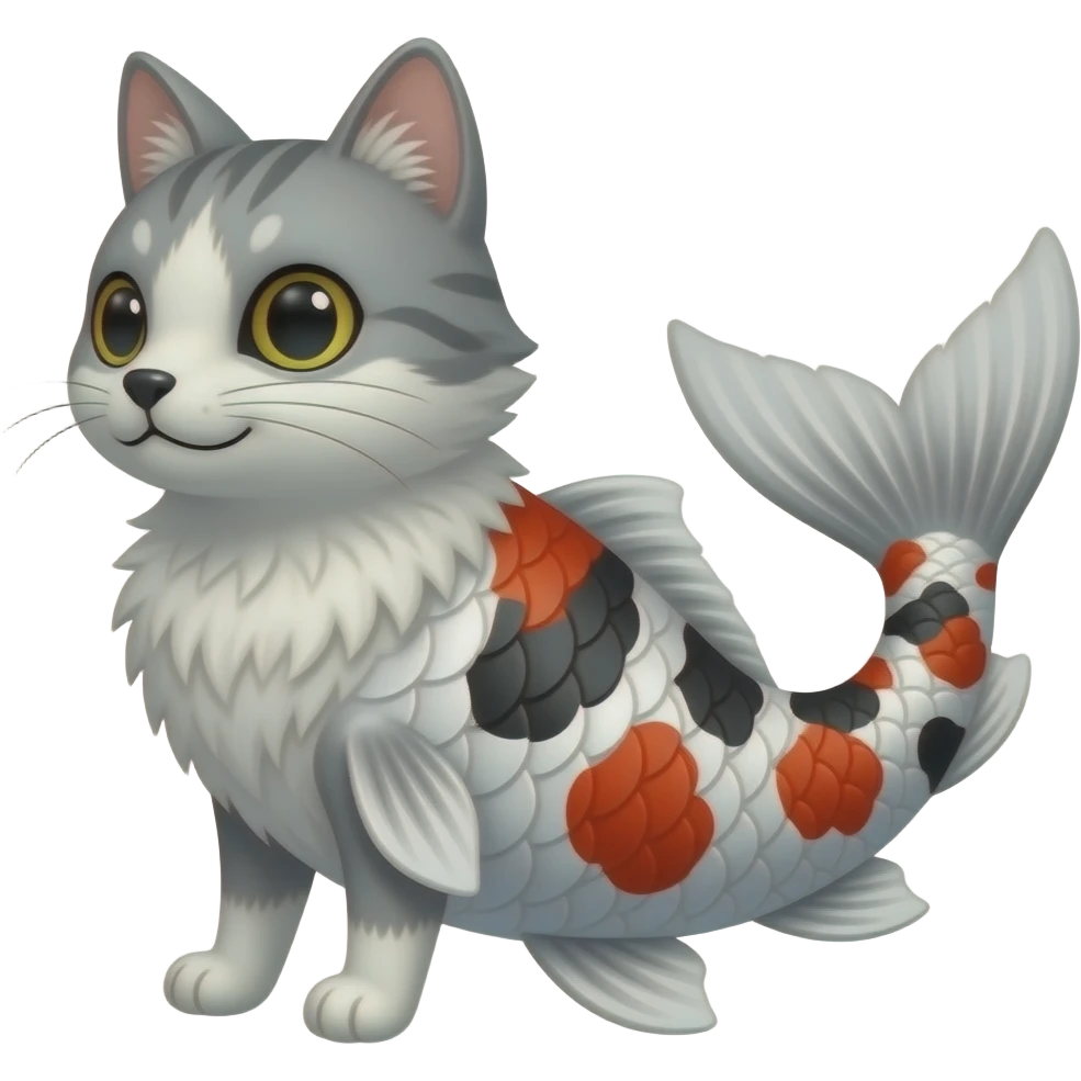 White, black, red, Koi-fish-silver-fox-cat with thick fleshy catfish-whiskers, furry, cute realistic oriental, Japanese painted marked patterned fish-tailed emoji