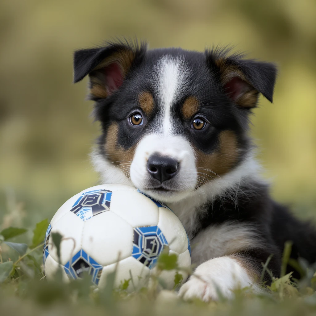 Border Collie puppy, photorealistic, blue and white soccer ball, natural lighting, no cartoon elements emoji