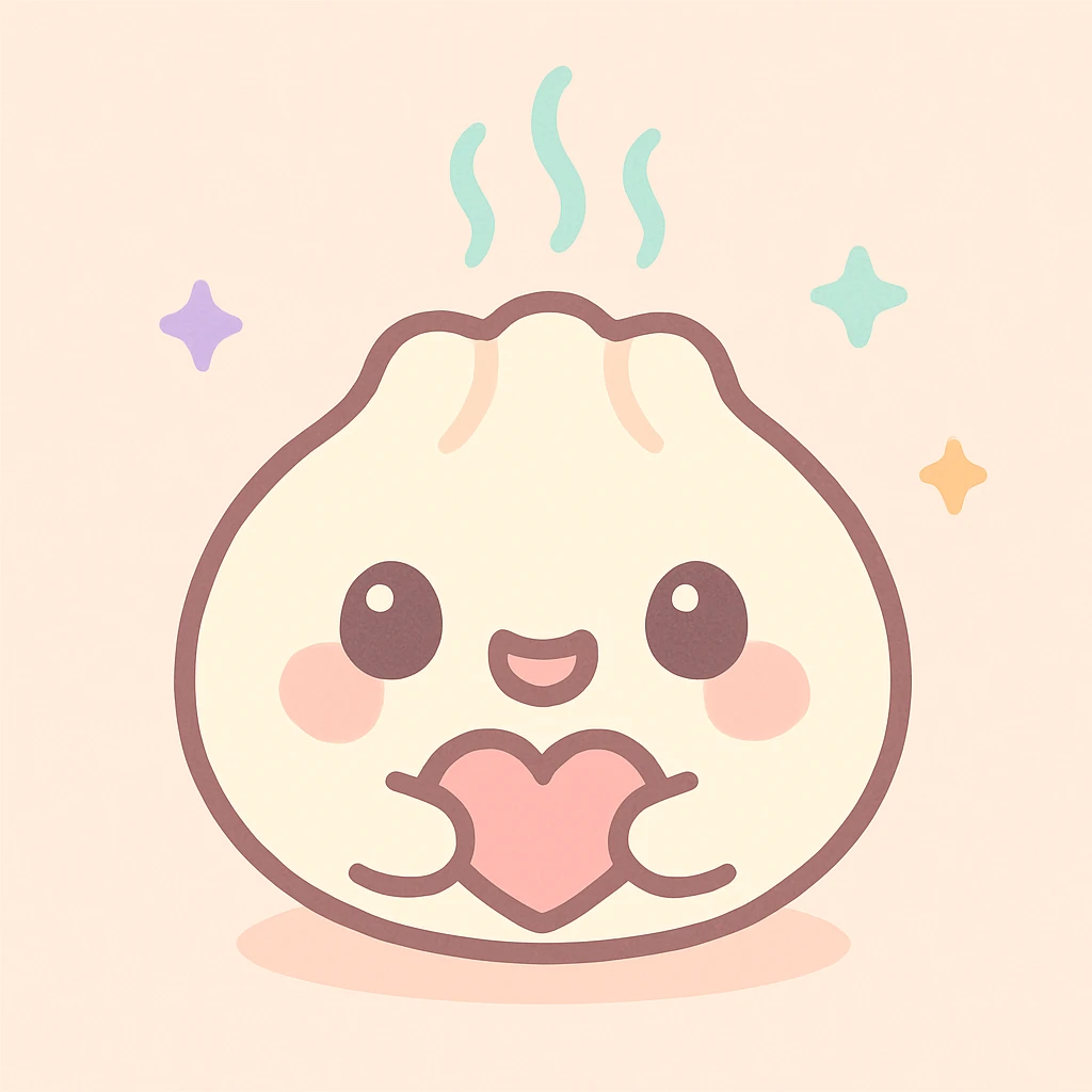 kawaii dumpling holding a tiny heart, cute face, steam above emoji