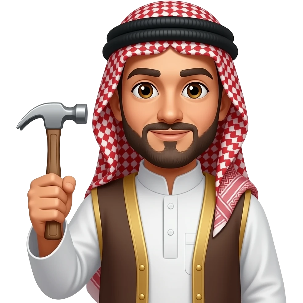 Arab man wearing traditional clothing holding a hammer emoji
