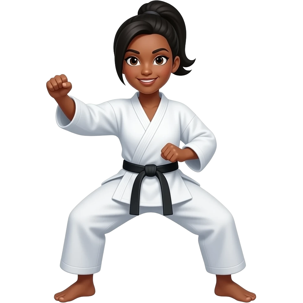 Brown skin woman black hair doing karate emoji