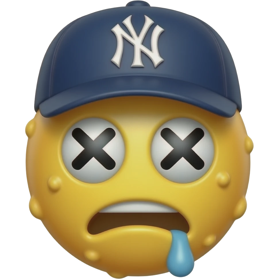 Yellow 3d emoji, New York Yankees hat, drooling mouth slightly open, covered in warts, crossed eyes stupid emoji