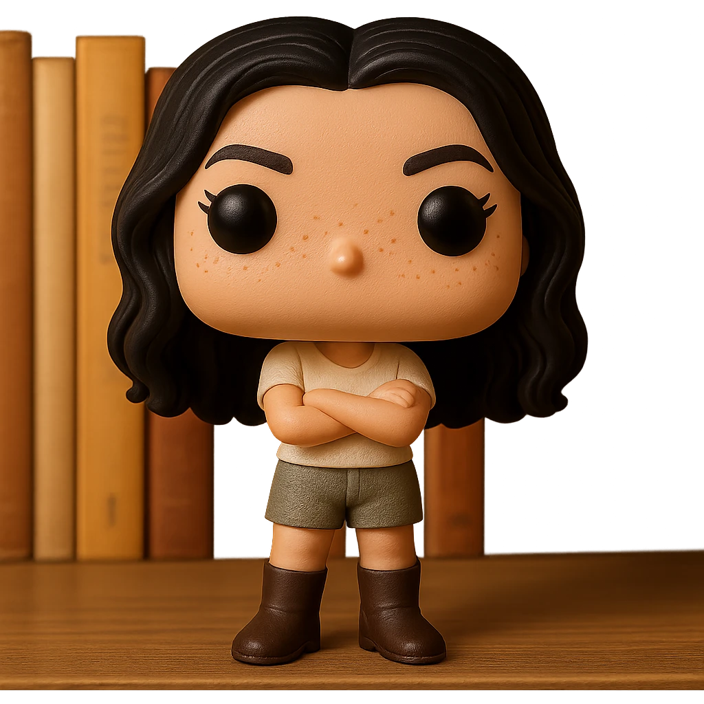 Enhance the quality and realism of the Funko Pop style figure: smooth skin, refined details on dark hair, textured clothing with cream top and gray bottom, dark greige leather boots clearly visible, arms crossed, slightly rosy cheekbones, very light freckles, mischievous and playful expression without mouth, transparent background. emoji