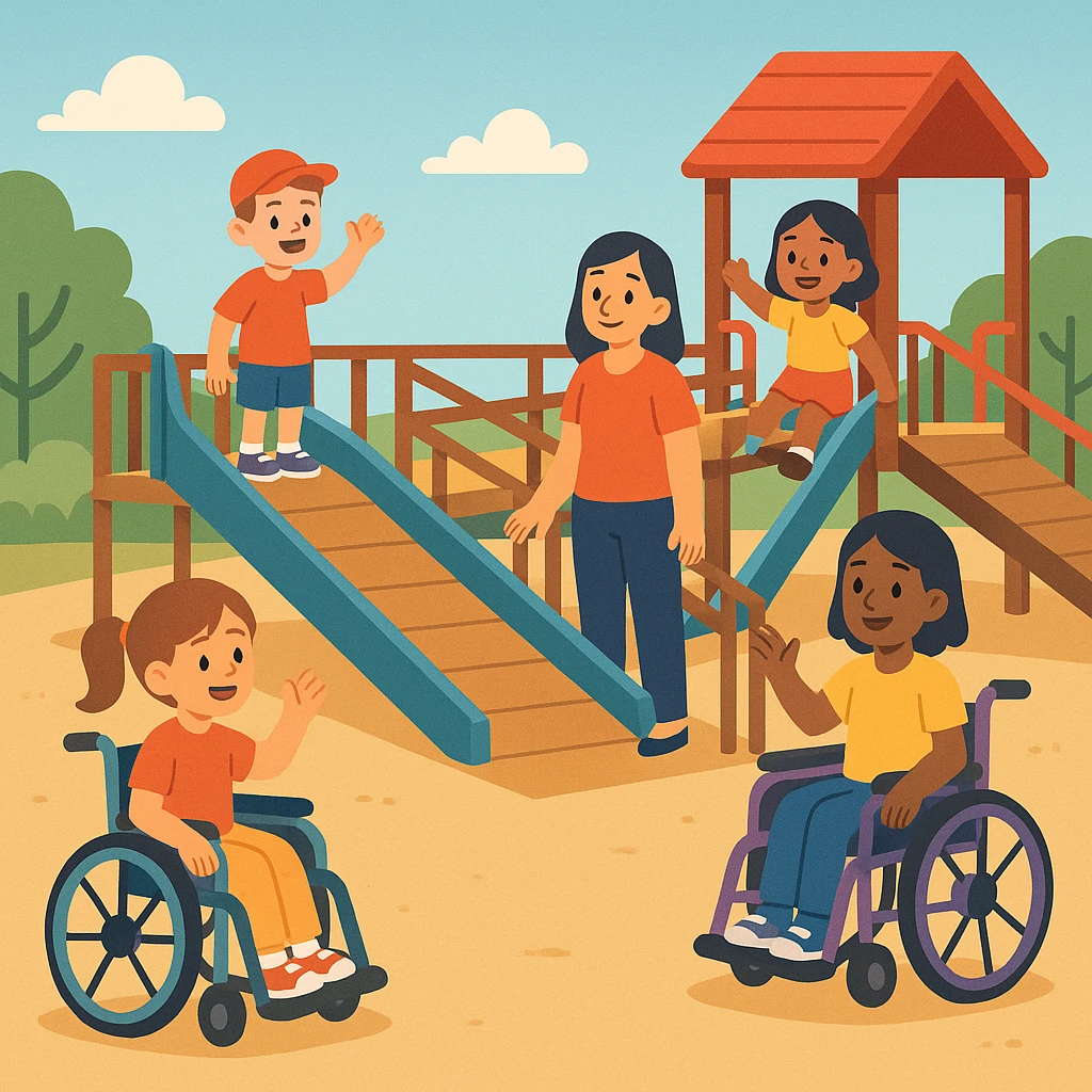 flat toon style inclusive play area with ramps, wheelchairs, and diverse group emoji