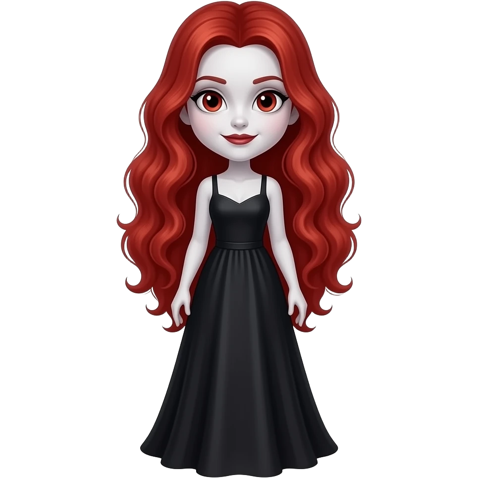 Vampiro femmina ADOLESCENTE con pelle bianca e capelli rosso ondulati lunghi raccolti in una mezza coda che indossa un vestito  LUNGO fino ai PIEDI nero emoji