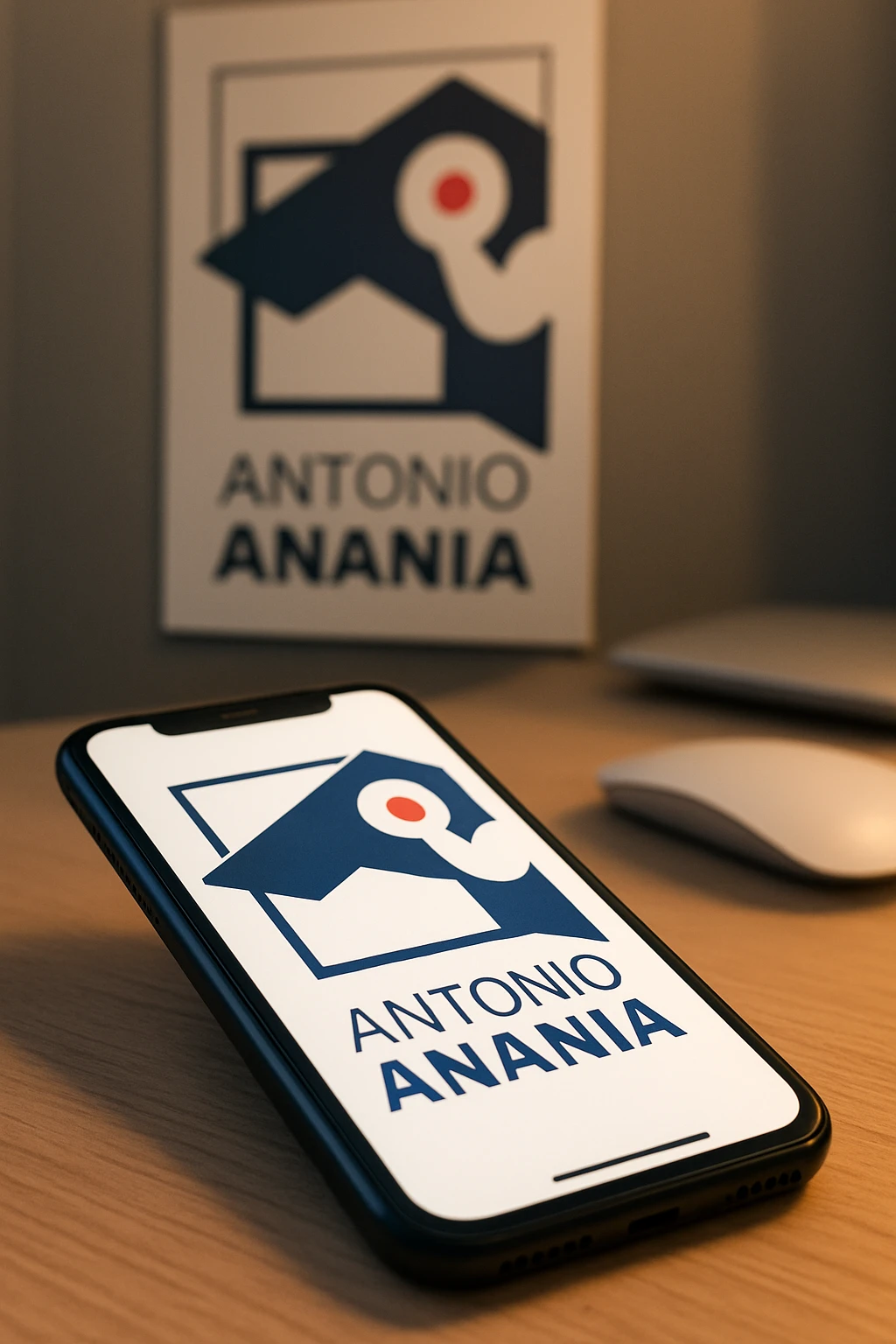 A photo of an iPhone on the desk with the logo of "Antonio Anania" on its screen, The phone sits atop a desk with a blurred with the logo in the background that suggests work environment. A faint glow from above casts gentle shadows across the surface of each object, creating depth and highlighting their textures emoji