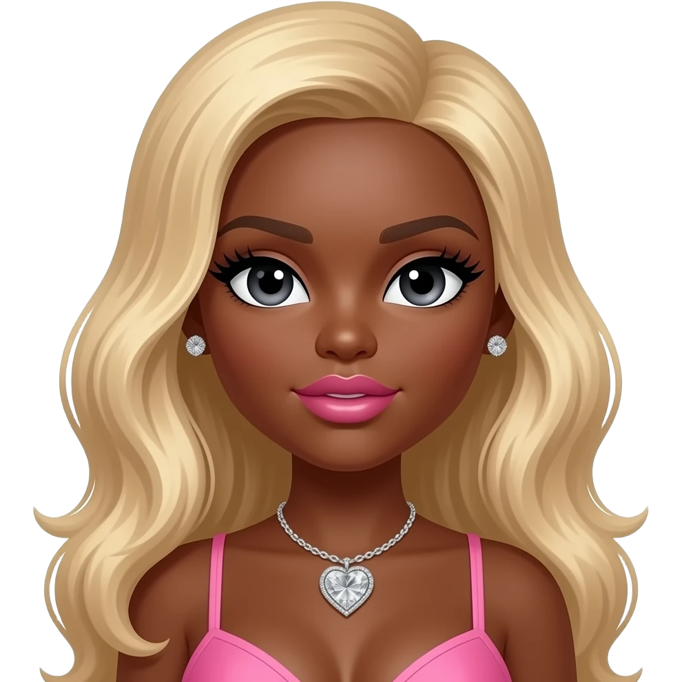 Black girl, Pink big lips, black doll eyes, dark brown skin, Long giant lashes,Doll faced shaped, silver Swarovski heart necklace, big diamond earrings studs, bimbo, black doll eyes, barbie, darker brown skin with blonde hair, big breast, no bra emoji