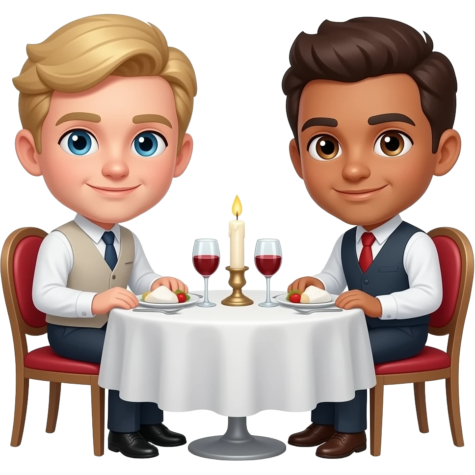 Make a gay couple on a Date , one has light Skin with Blond Hair and Blue Eyes, the other one has slightly brown skin witz dark Brown Hair and Brown Eyes. They are sitting on a romantic Table eating Dinner with a Candle between Them. emoji