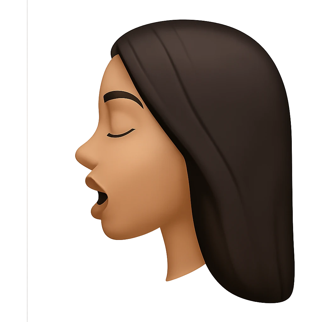 Create a side view (profile) of this woman's head in the normal iPhone emoji style, with closed eyes and an open mouth, smooth shading, no outlines, and long dark hair. This is variant 2. The style should closely resemble the iPhone emoji style with smooth shading and no outlines. emoji