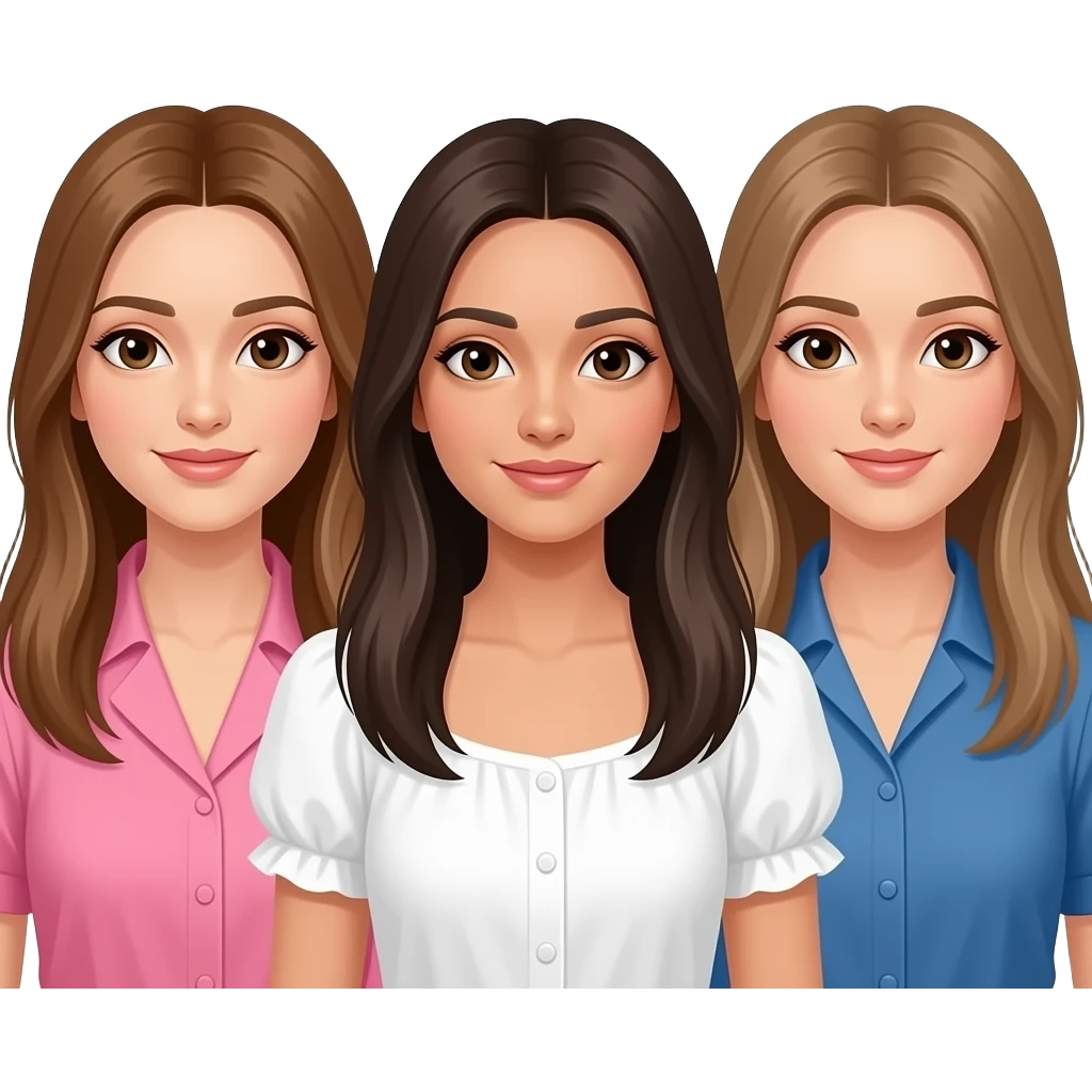 Tres amigas una castaña clarito pelo liso largo ojos marrones con una blusa de volantes rosa,una pelo moreno y liso largo ojos marrones con una blusa de volantes en los hombros blanca,una con pelo liso marrón ojos marrones y una blusa azul. que se les vea bien a las tres emoji
