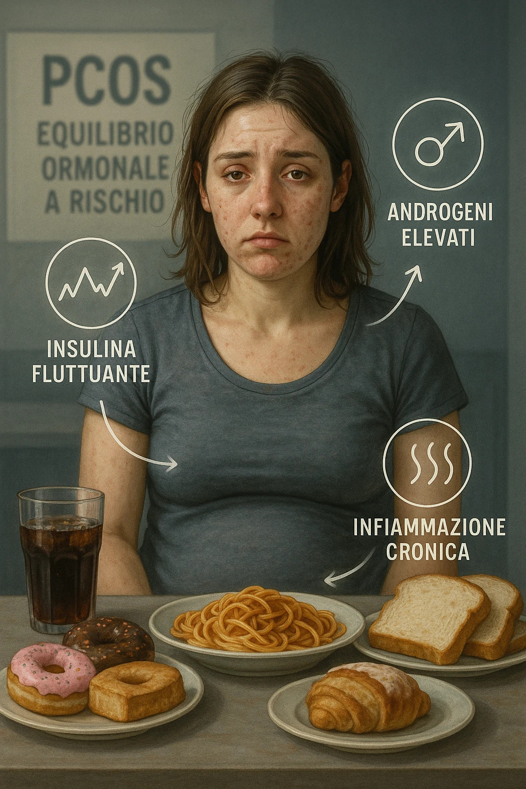 Donna tra i 25 e i 35 anni, seduta a tavola con un’espressione stanca e gonfia. Sul tavolo ci sono alimenti sbagliati per la sua condizione: dolci raffinati, pane bianco, pasta, bibite zuccherate. Intorno al suo corpo si vedono elementi simbolici che rappresentano gli effetti della PCOS peggiorata: insulina fluttuante, androgeni elevati, infiammazione bassa cronica. La sua pelle appare acneica, gonfiore addominale visibile, sguardo affaticato. Sullo sfondo, un cartello sfocato con scritto 'PCOS – equilibrio ormonale a rischio'. Stile realistico con elementi simbolici, toni freddi ma chiari in italiano emoji
