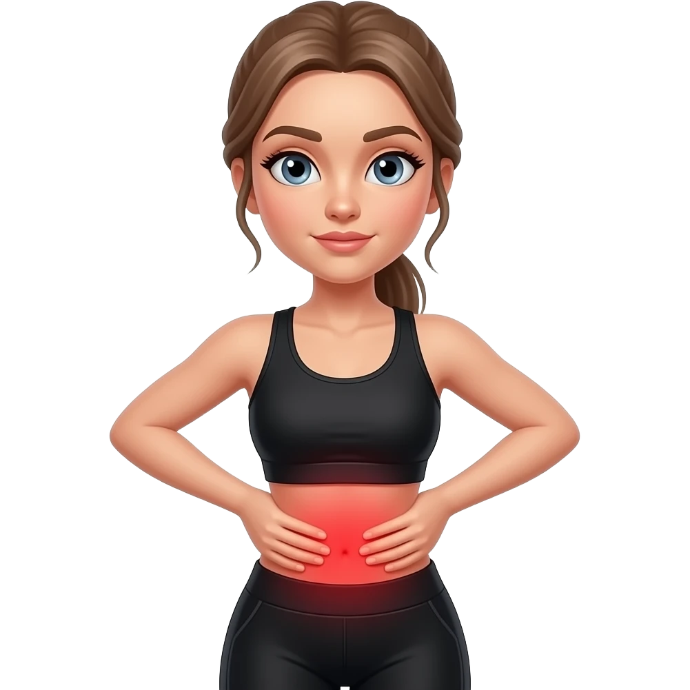 back pain, red glow on lower back, fair-skinned woman, gray-blue eyes, ash brown brows, ash light brown hair tied back, slim athletic body, black workout set emoji