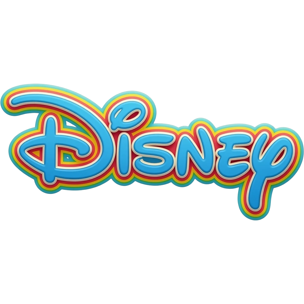 name "disney" in bright blue, lime green 3D style typography lettering, each color of the rainbow as a border outlined around each letter, isolated, 3d rendering, no emoji icons no emoji faces and must have no human figures emoji