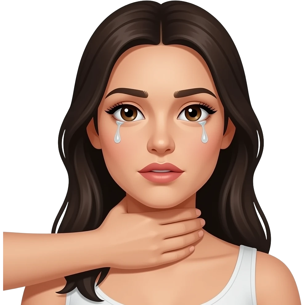 White woman with long dark hair being choked and tears along lash line emoji