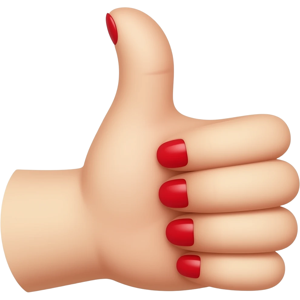 Please create a thumbs up emoji where the palm is facing the viewer and four fingers are closed over the palm with the thumb in the up position. There is red nail polish on the nails of the fingers and thumb. emoji