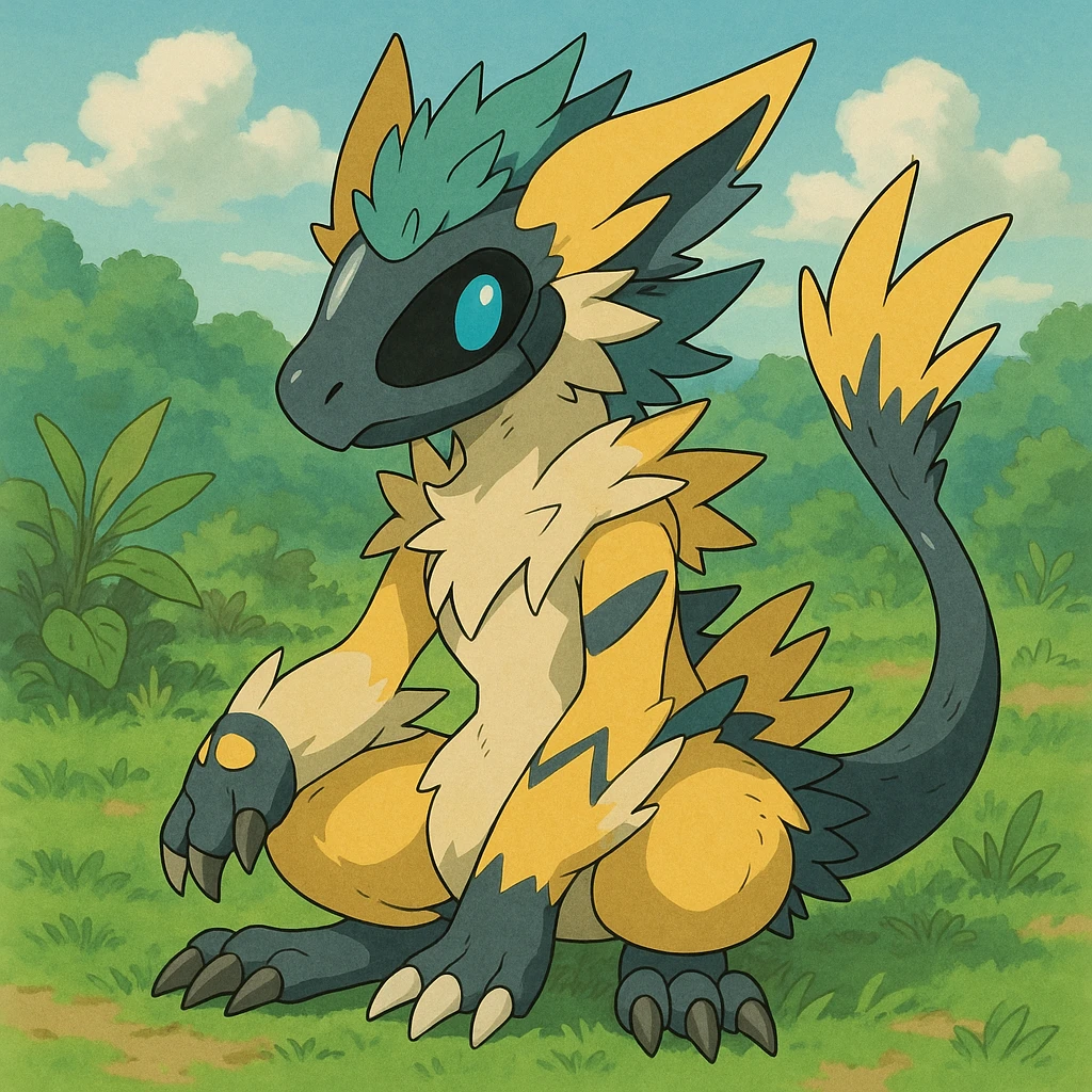 Sergal-Protogen-Trico-Zeraora-Vernid-fusion-hybrid-creature, drawn in a Pokémon/Digimon style emoji