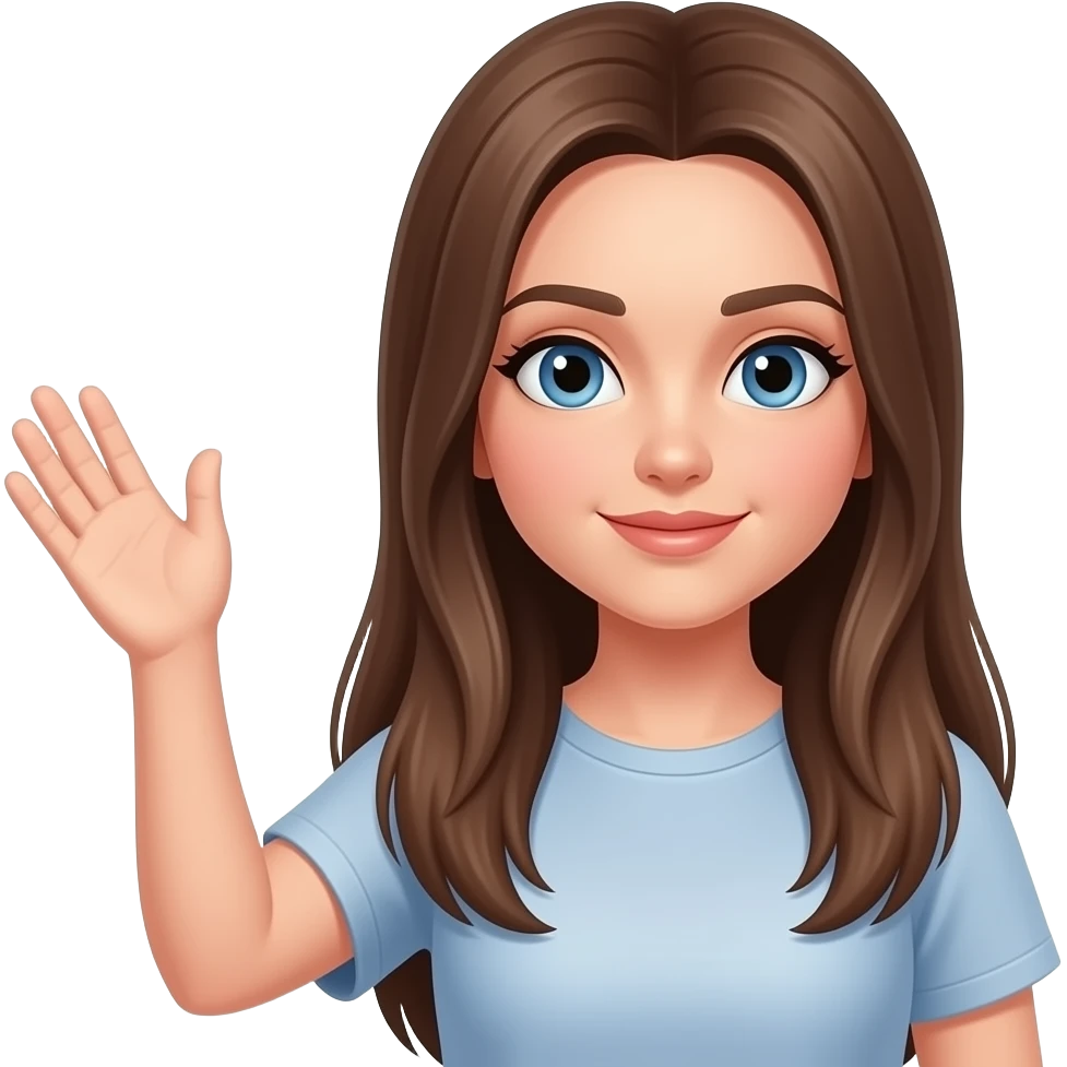 white female, blue eyes, long brown straight hair with arm up hand open emoji