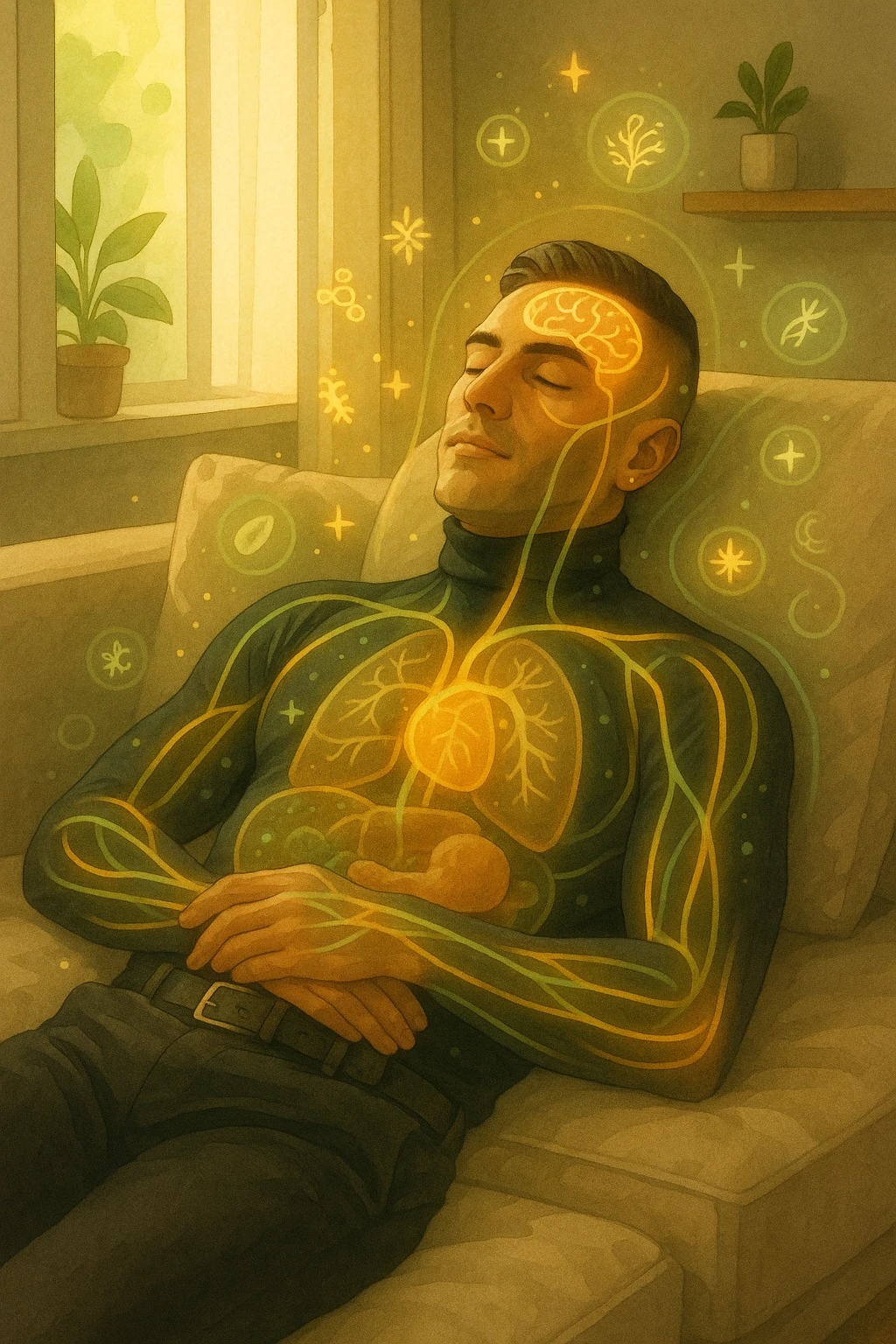 Uomo sdraiato su un divano nel primo pomeriggio, mentre fa un breve riposino. Il suo corpo appare parzialmente trasparente o stilizzato, con luce calda e flussi energetici dorati e verdi che scorrono attraverso muscoli, cervello, e organi. Intorno a lui si vedono piccoli simboli di rigenerazione: cellule che si rinnovano, tessuti che si illuminano, aura rilassata. L'ambiente è calmo e ordinato, luce naturale che entra da una finestra, atmosfera rigenerante, stile realistico con accenti metaforici. emoji