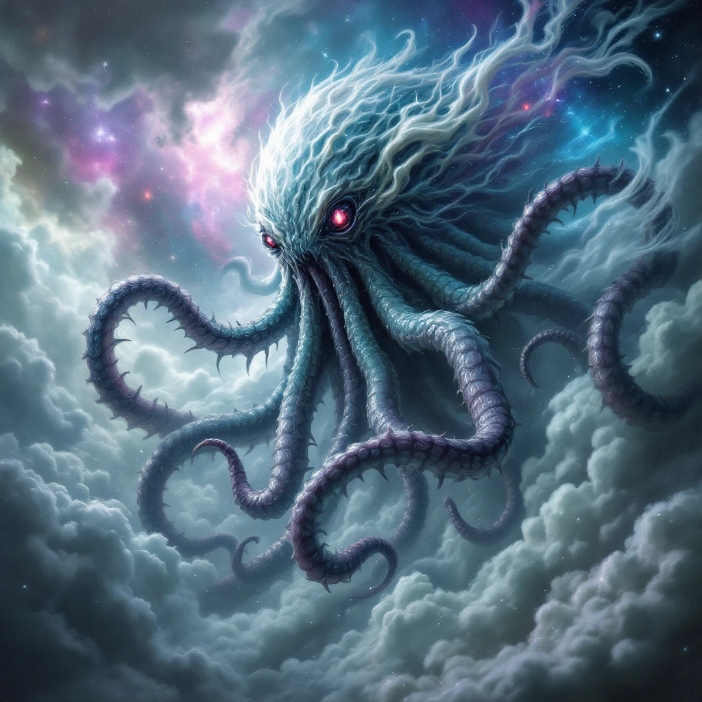 Make the creature's tentacles much longer with a dramatic cosmic horror theme, swirling clouds around it, in flux pro style, no background. emoji