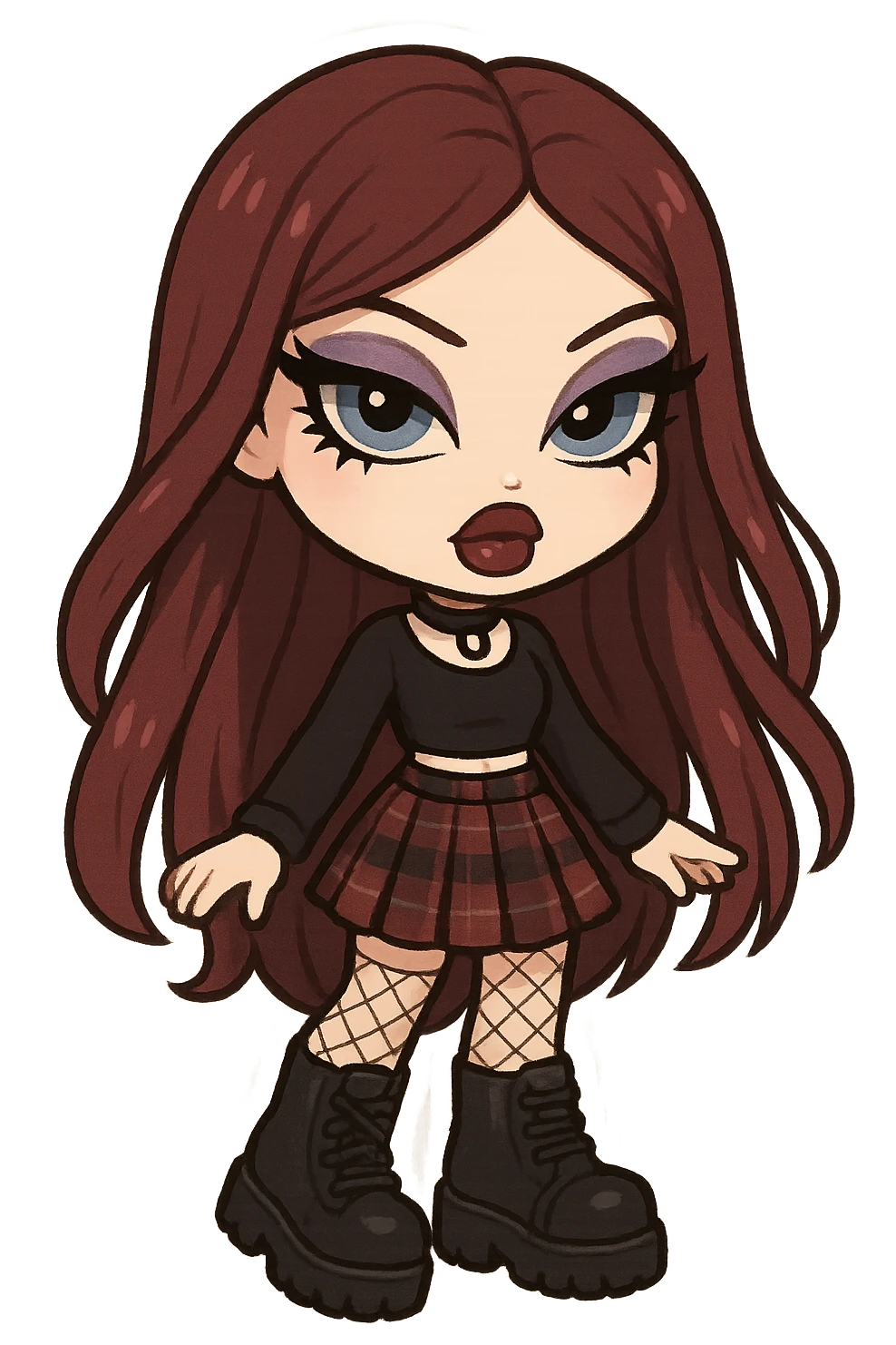 bratz-inspired emo girl, burgundy long hair, pale skin, blue eyes, dramatic eyeliner, plaid skirt and chunky boots, chibi sticker style emoji