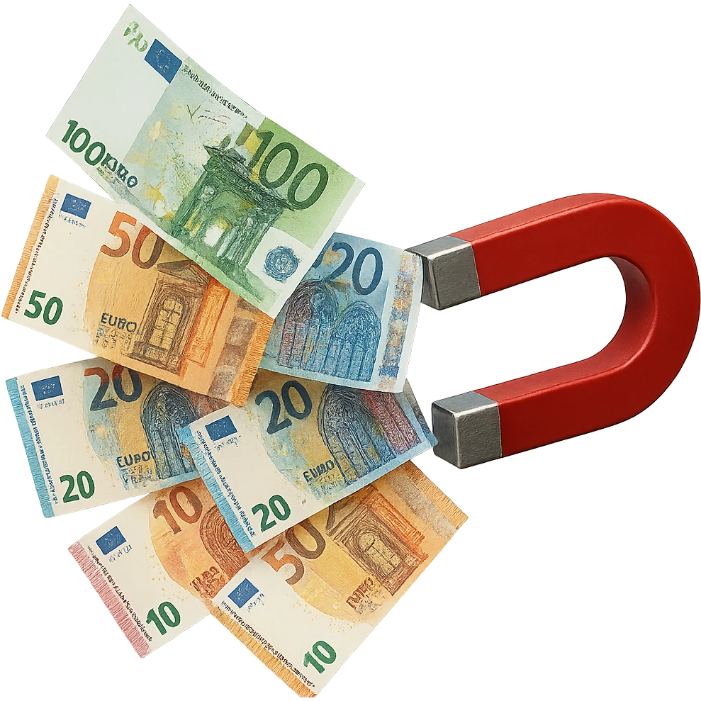 banconote di euro fluttuano vicino ad una calamita rossa, sono attratte, iperrealistico 4k emoji