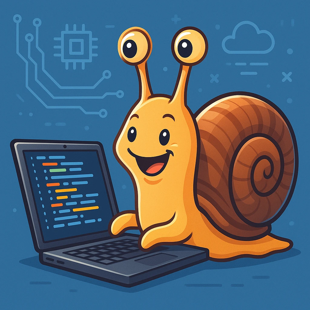 a cheerful snail working on technology, coding on a laptop, modern style, digital art emoji