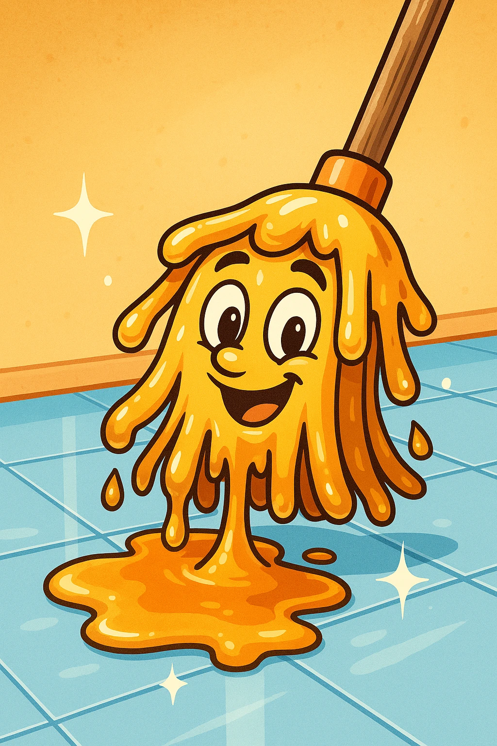 A cartoon mop with syrup dripping from it, cleaning a shiny floor, in a playful style emoji
