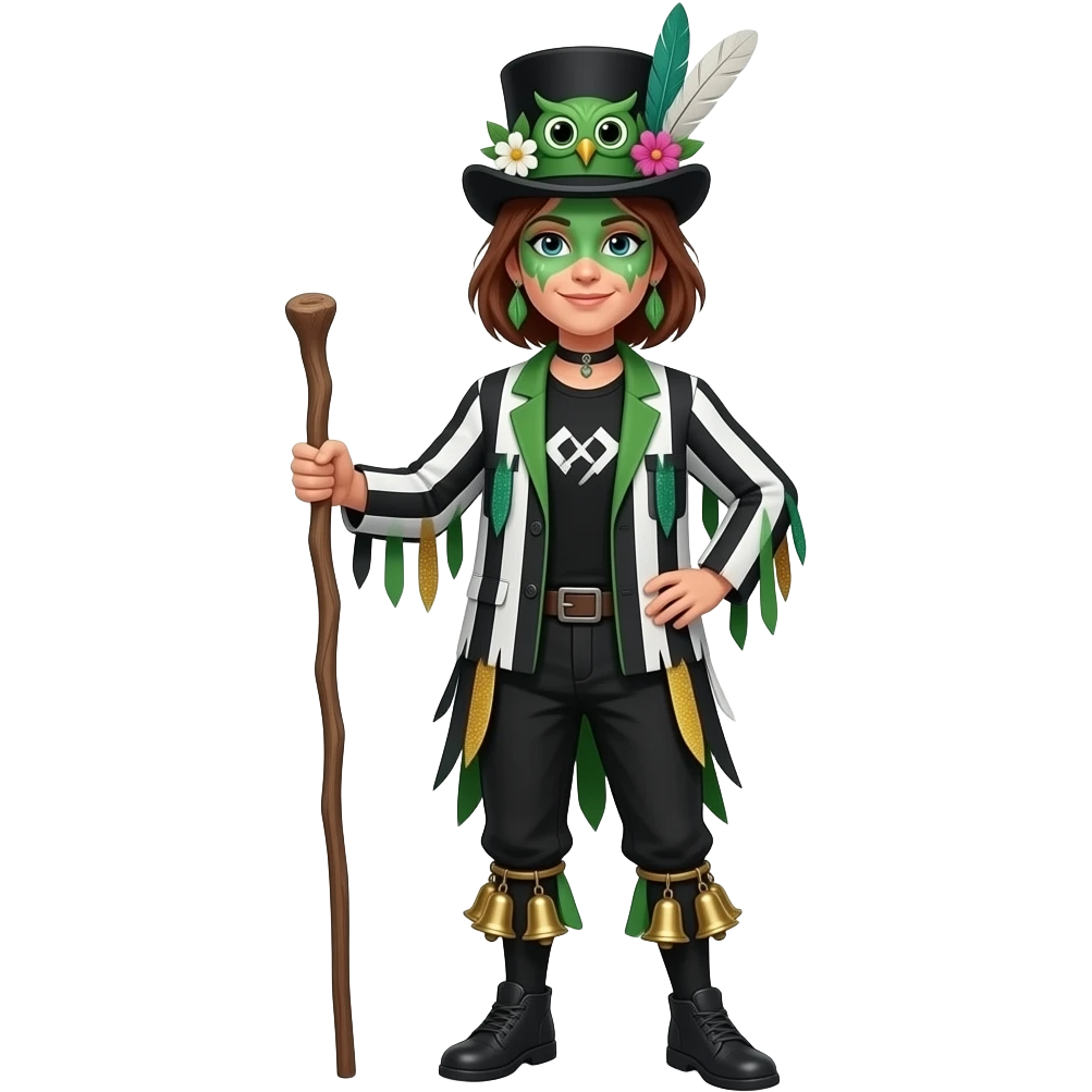 A Female Morris dancers carrying a stick with a ragged jacket in black white and green stripes with the occasional piece of sparkly fabric. A black tshirt. A top hat decorated with lots of feathers flowers and green face paint that looks like an owl.back t shirt. Bells below the knees emoji