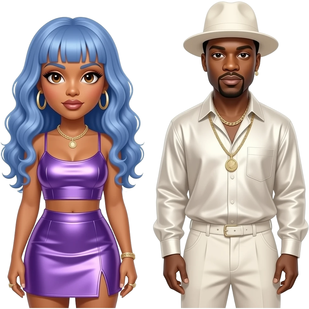 Lil Kim with brown eyes, periwinkle hair, periwinkle metallic crop top and skirt, Biggie Smalls with brown eyes, black hair, ivory metallic shirt and baggy pants, necklace, ivory hat emoji