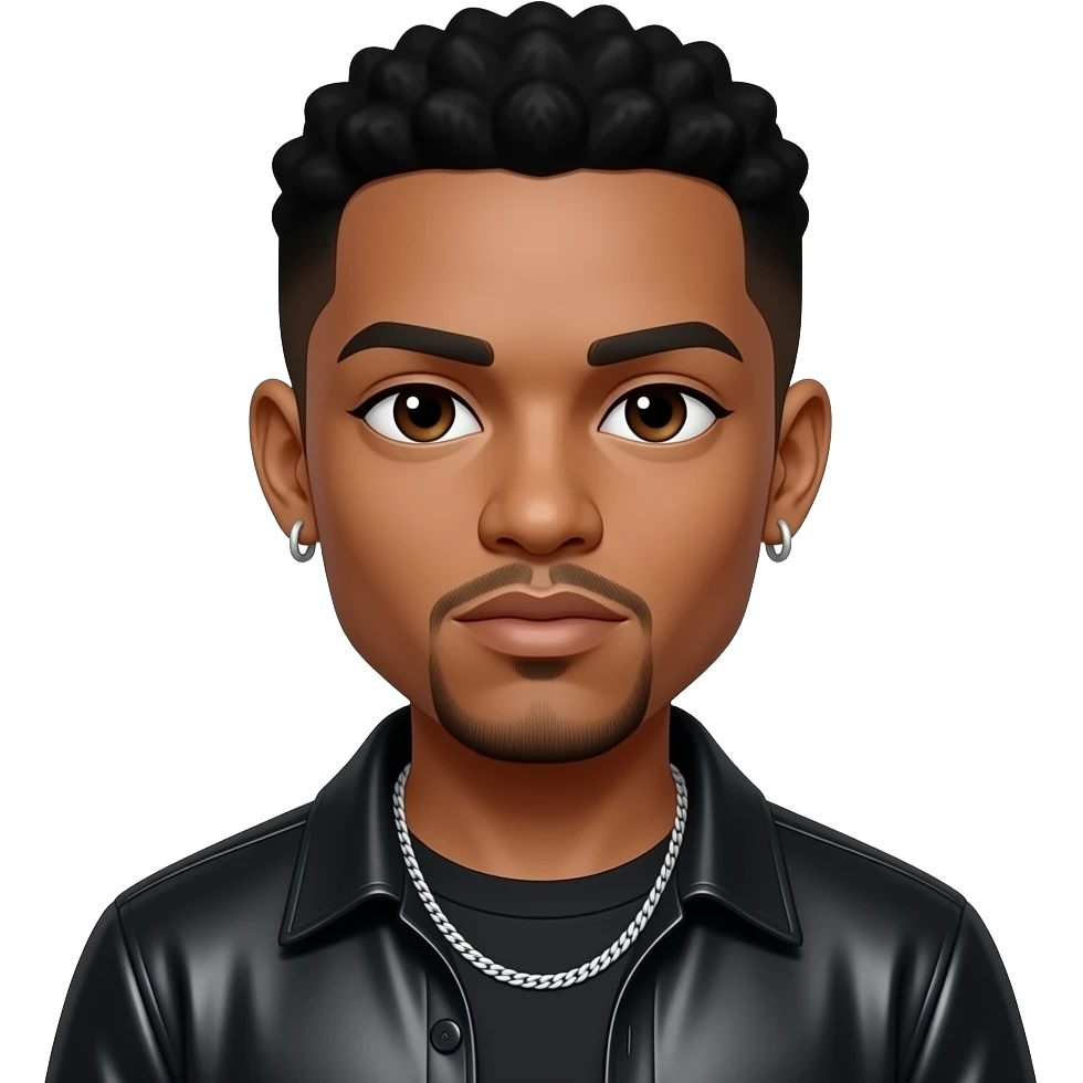 Ice Cube, Rapper (B.1969) with dark brown eyes, black hair, black metallic shirt, silver necklace and short earrings emoji