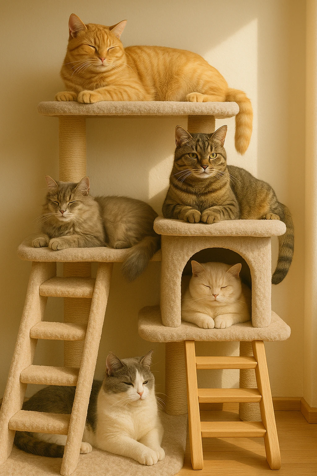 cats relaxing in a vertical playhouse emoji