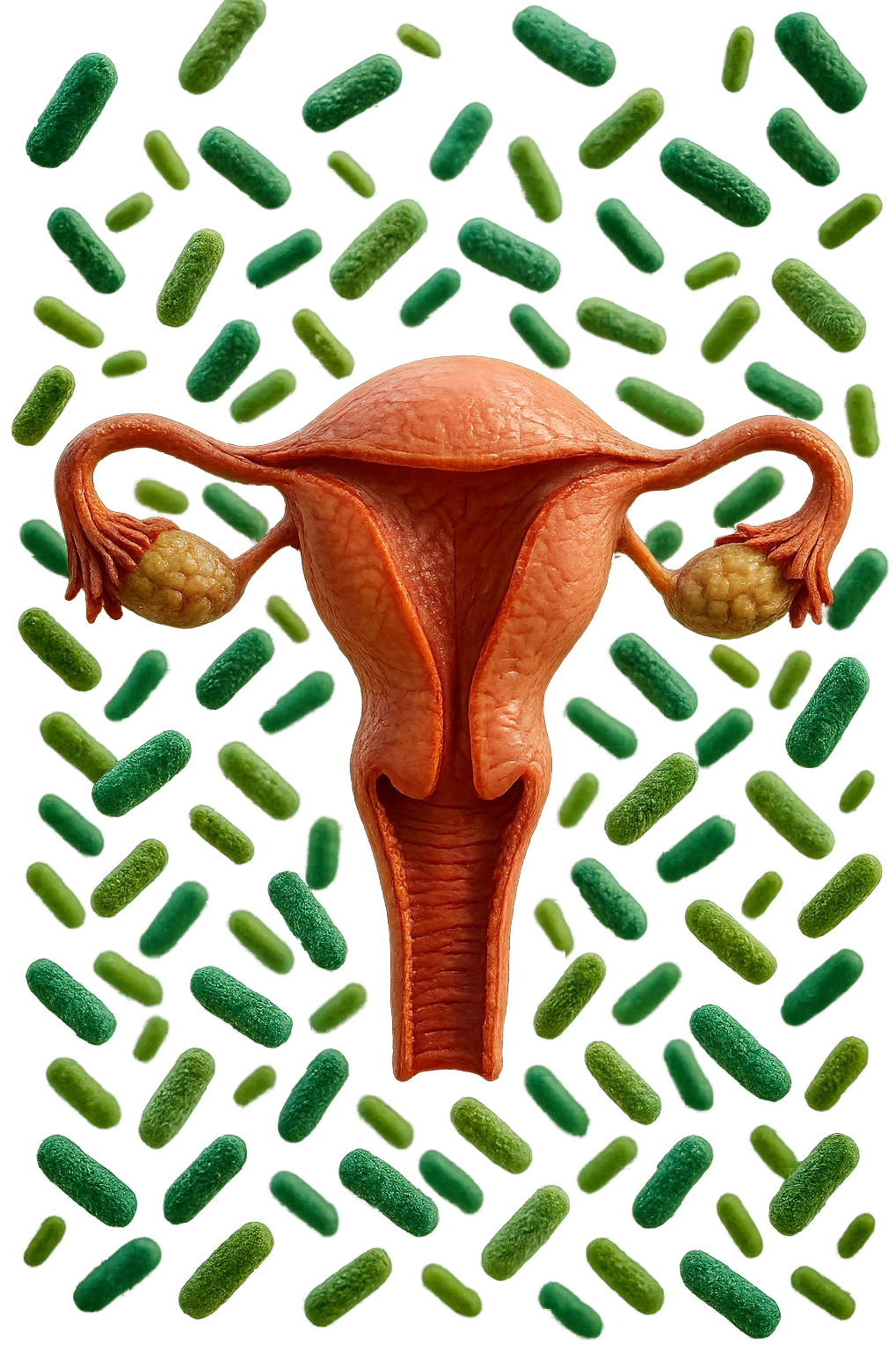 batteri intestinali fluttuano intorno ad un utero umano anatomico, iperrealistico 4k emoji