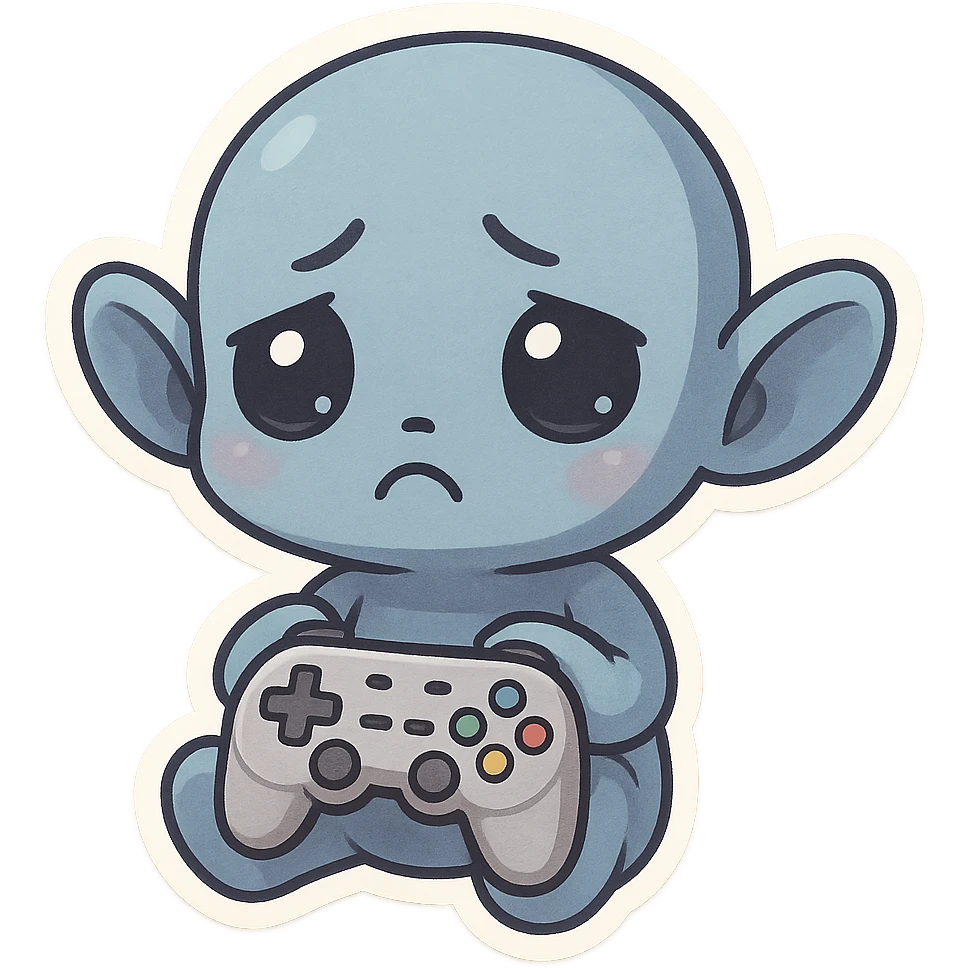 a little blue alien with gouty eyes holding a video game controller  emoji