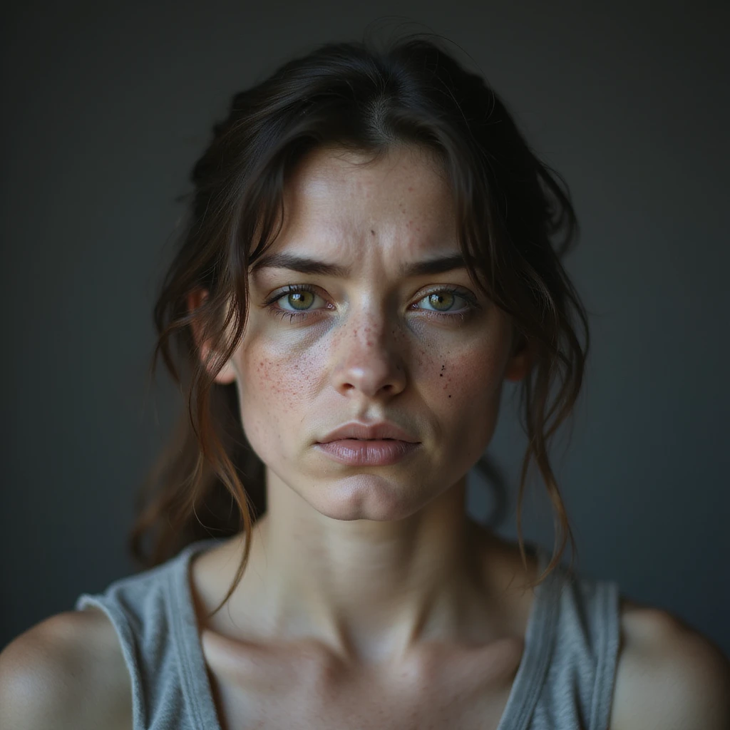 hyperrealistic 4K portrait of a woman with PCOS showing signs of chronic fatigue: pale face, pronounced dark circles, exhausted expression, mild acne, chin hair, thin hair, tired posture, realistic environment emoji