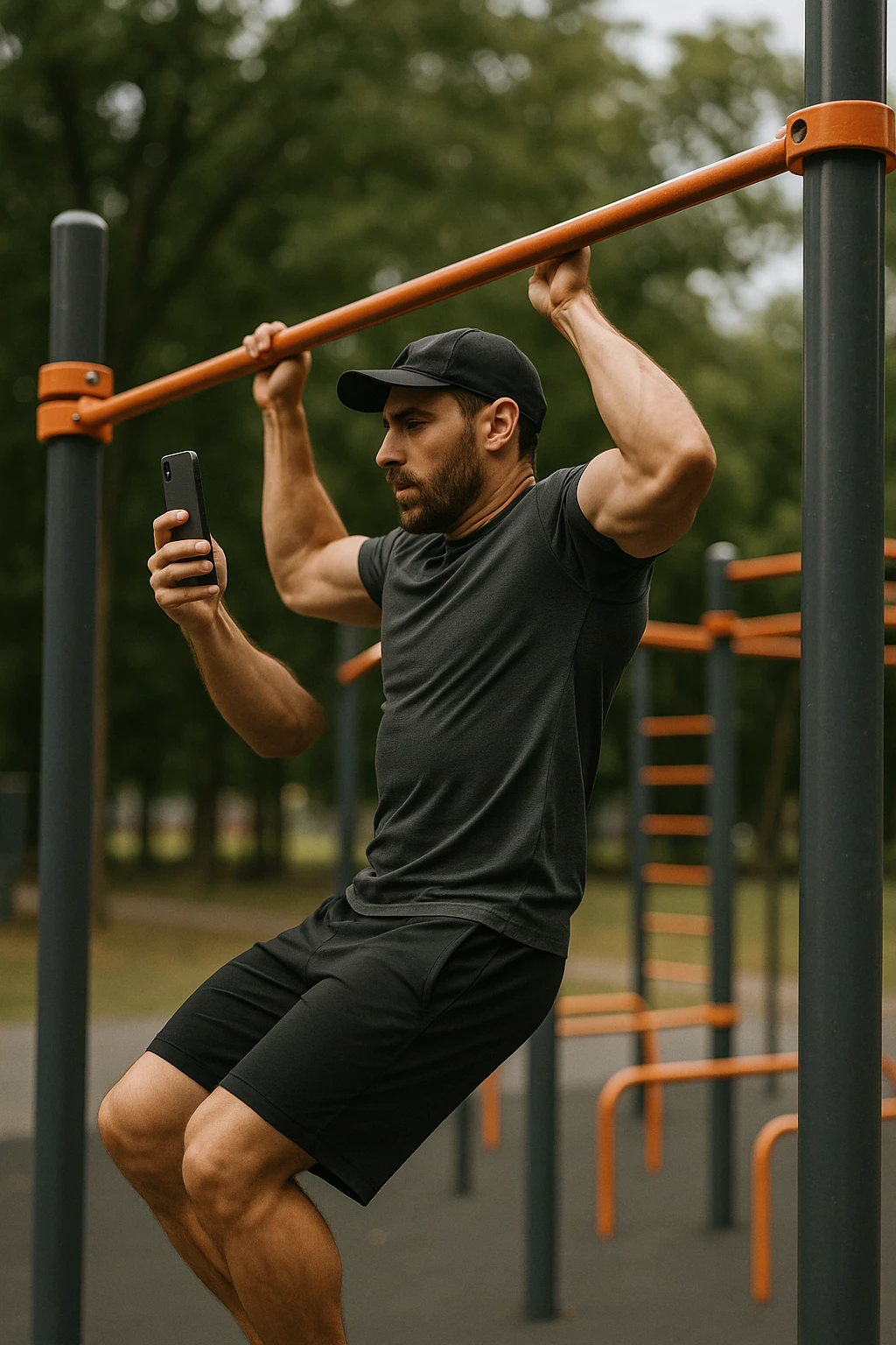 uomo che fa Muscle up e si sta filmando di lato con il telefonino che lo riprende mentre si allena, così da analizzarsi dopo emoji